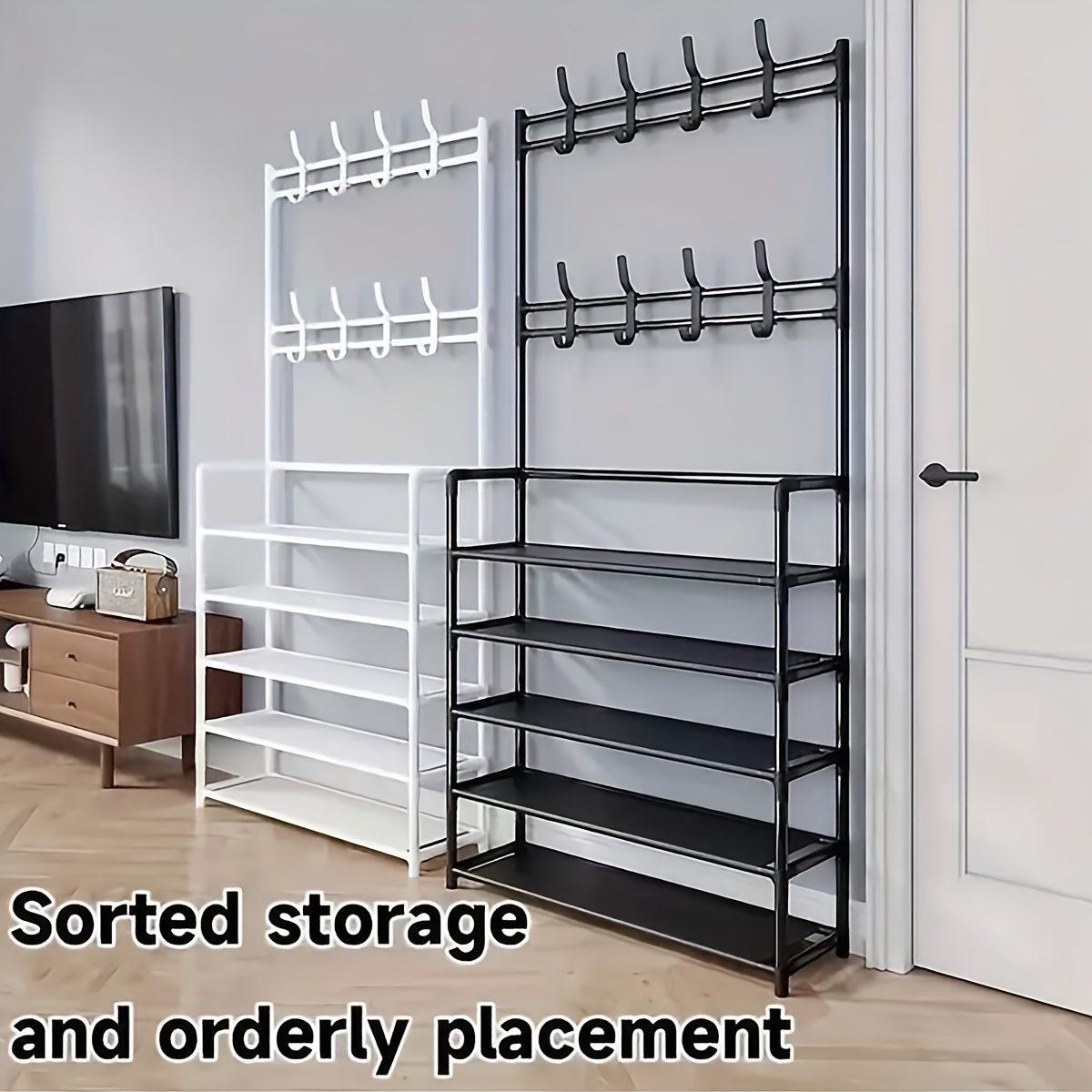 Elegant Black Household Coat Rack with Five-Tier Large-Capacity Integrated Design: Meets the Entire Family's Shoe Storage Needs, Eliminating Entryway Clutter. A Multifunctional Storage Shoe Cabinet and Coat Rack with Multi-tier Shelving - Image 9