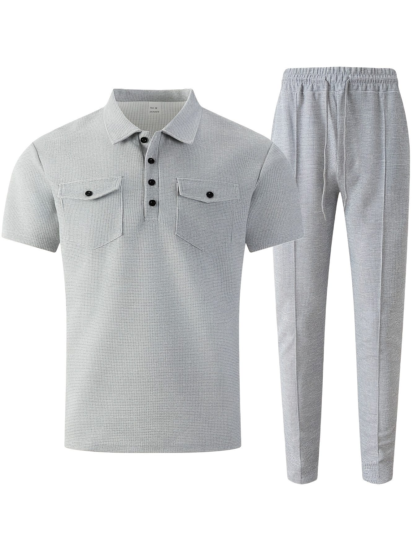 Men's 2pcs Set, Solid Color Minimalist Black Button-Up Short Sleeve Shirt with Two Pockets and Collar + Drawstring Waist Pants, Men's Spring/Summer Casual Vacation Daily Wear - Image 7