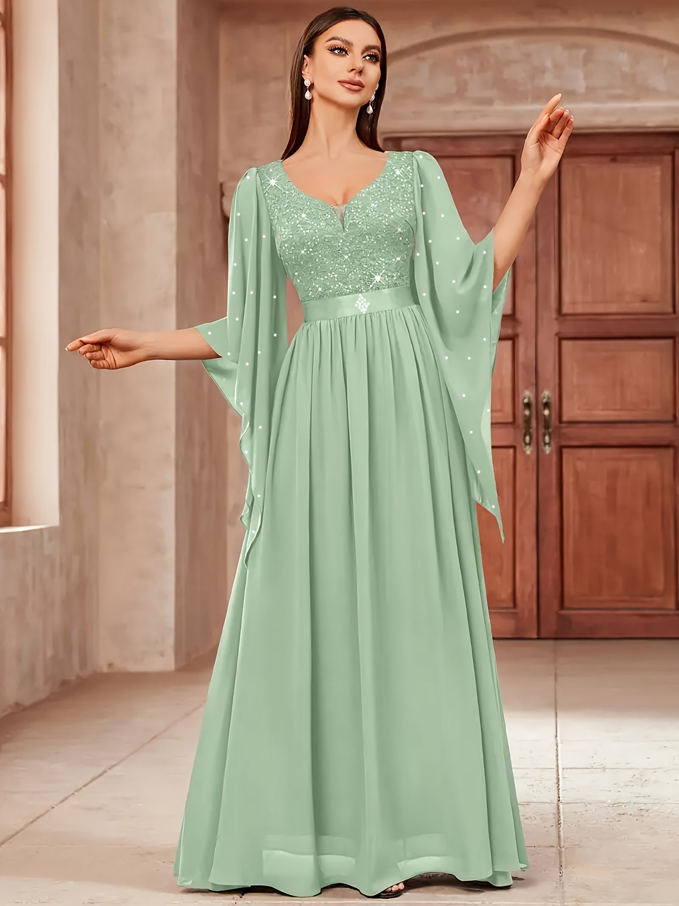 Elegant Women's V-neck Lace-trimmed Chiffon Banquet Gown, Suitable for Parties, Dinners, and Weddings - Image 7