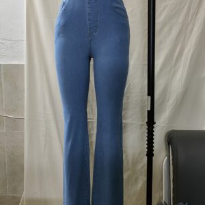 Women's High-Waisted Wide-Leg Stretch Jeans - Elegant Straight-Leg Trousers with Belt Loops & Water-Wash Denim, All-Season for Casual, Office, Travel - Classic Blue Wash (Mid-Rise) Pants, Machine Washable