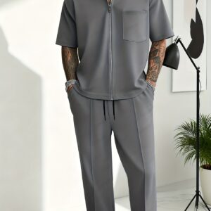 New Streetwear Trend Men's Set: Light Blue Loose Cardigan Short-Sleeve Zip-Up Top with Pockets, Casual Long Pants, Short-Sleeve and Long Pants Set