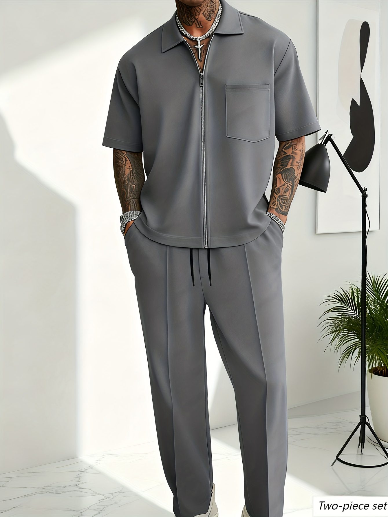 New Streetwear Trend Men's Set: Light Blue Loose Cardigan Short-Sleeve Zip-Up Top with Pockets, Casual Long Pants, Short-Sleeve and Long Pants Set