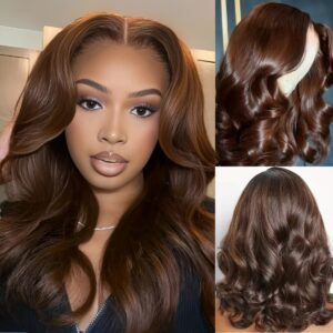 An Elegant 18-Inch Deep Brown Mid-Length Wavy Wig Made from Heat-Resistant Fibers, Featuring a Center Part Design for a Look. This Women'S Wig Is Suitable for All Ethnicities And Perfect for Everyday Wear, Parties, Formal Events, And Music Festivals