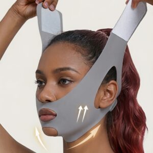 1pc Gray V-Shaped Bandana for the Whole Family, Suitable for All Ages and Genders. Prevents Snoring, Lifts and Firms the Face, Nasolabial Folds, Contours the Face for Running, Rope Skipping, and Face. Made of Breathable Material with a Seamless
