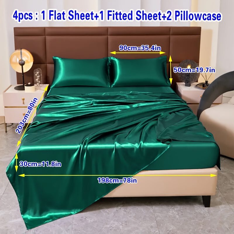 4pcs Comfort Satin Sheet Set - All-Season Versatile Non-Shrink, Ball-Free Machine Washable Luxury Fitted Sheets Soft and Smooth Bedding for Bedroom and Guest Room 1 * Flat Sheet + 1 * Fitted Sheet + 2 * Pillowcases - Image 7
