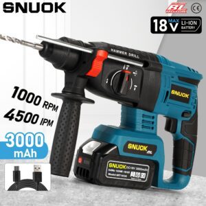 SNUOK 18V Brushless Electric Rotary Hammer, USB Rechargeable 3000mAh Battery, Compact Handheld Drill for Home Repairs, Car Electrical, Mechanical Processing, Dual USB Battery, ABS Material, 1pc/2pcs, Battery Display
