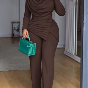 A Long-Sleeved Top with a Gathered Design And a Waist-Cinching Feature, Paired with Wide-Leg Jumpsuits
