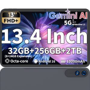 QDDQ 2026 Upgrade Android 16 Tablet PC with FREE Keyboard, 13.4 Inch FHD Display, Octa-Core T615 Processor, 32(8+24GB) RAM & 256GB ROM, 10000mAh Battery, 13MP Camera, Type-C, Supports 2TB SD Card, GMS Certified, Dual-Band Wi-Fi Tablet Pad(Adapter Not