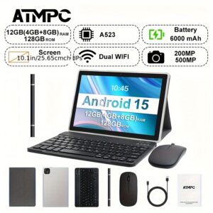 10.1-inch Android 15 OS Tablet with Keyboard, Mouse, Drop Protection Case, Stylus (Available in Two Colors) 128GB ROM, 12GB 4GB+8GB Expandable RAM, Dual Cameras, Octa-Core Processor, 1280 * 800 IPS HD Display Screen GMS Tab, 5G Wi-Fi 6