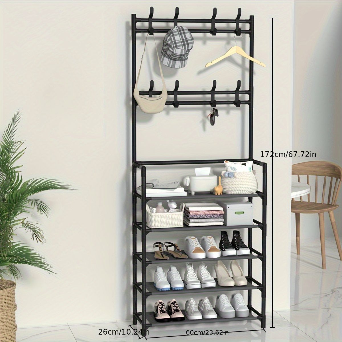 Elegant Black Household Coat Rack with Five-Tier Large-Capacity Integrated Design: Meets the Entire Family's Shoe Storage Needs, Eliminating Entryway Clutter. A Multifunctional Storage Shoe Cabinet and Coat Rack with Multi-tier Shelving - Image 8