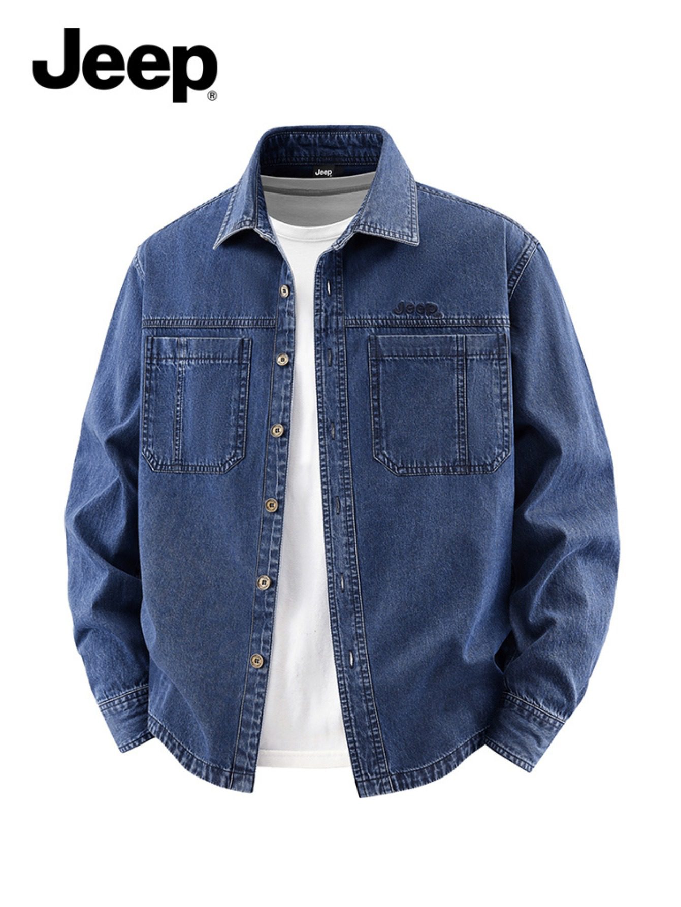 Jeep Cotton Denim Long Sleeve Shirt for Men Embroidered Logo Lapel Button Double Chest Pockets Wrinkle-resistant Stylish Light Business Casual - Image 4