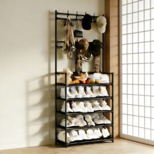 2026 New Integrated Coat And Shoe Rack with 8 Hooks And 5 Shelves for Organizing Shoes, Hats, Bags, Umbrellas, And Scarves in One Place. Suitable for Various Settings Like Entryways, Living Rooms, Bedrooms, And Balconies. Sturdy And Durable