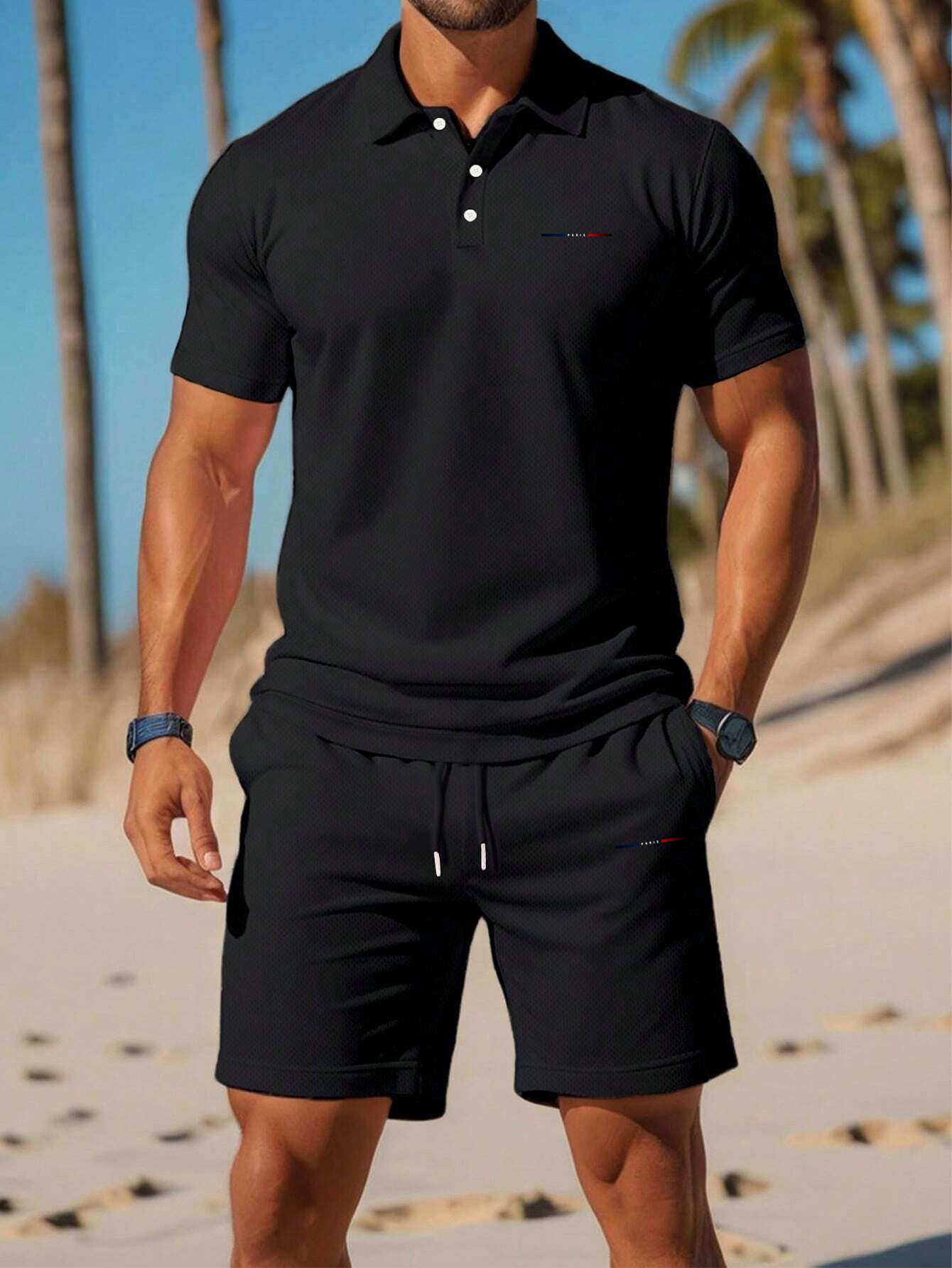 Men'S Summer Polo Shirt Sports Casual Outfit, Featuring a Short-Sleeve Collar Design And Pocketed Belt Shorts, Perfect for Outdoor Leisure And Beach Relaxation - Image 3