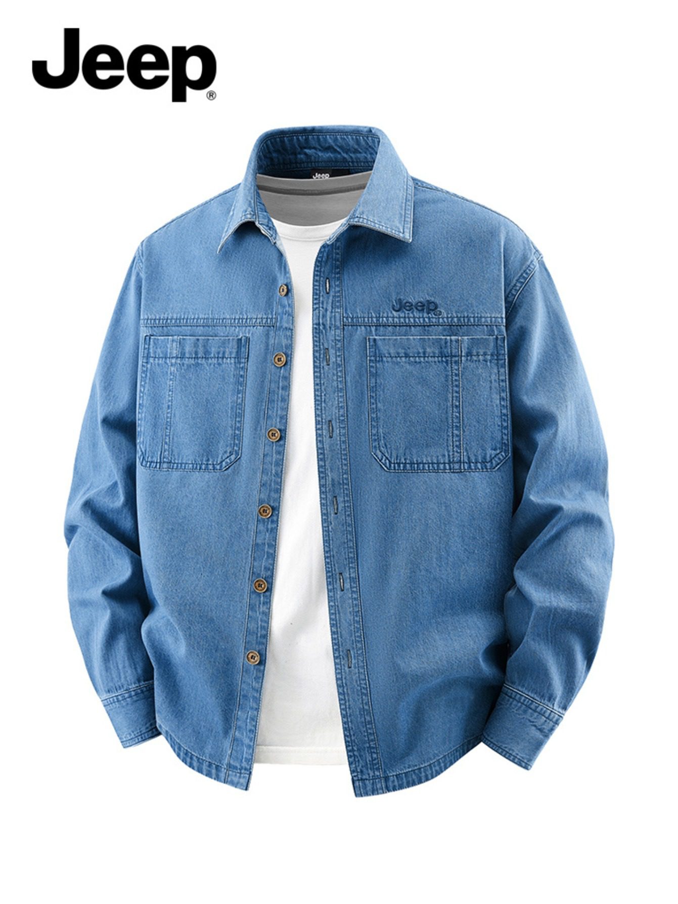 Jeep Cotton Denim Long Sleeve Shirt for Men Embroidered Logo Lapel Button Double Chest Pockets Wrinkle-resistant Stylish Light Business Casual - Image 2