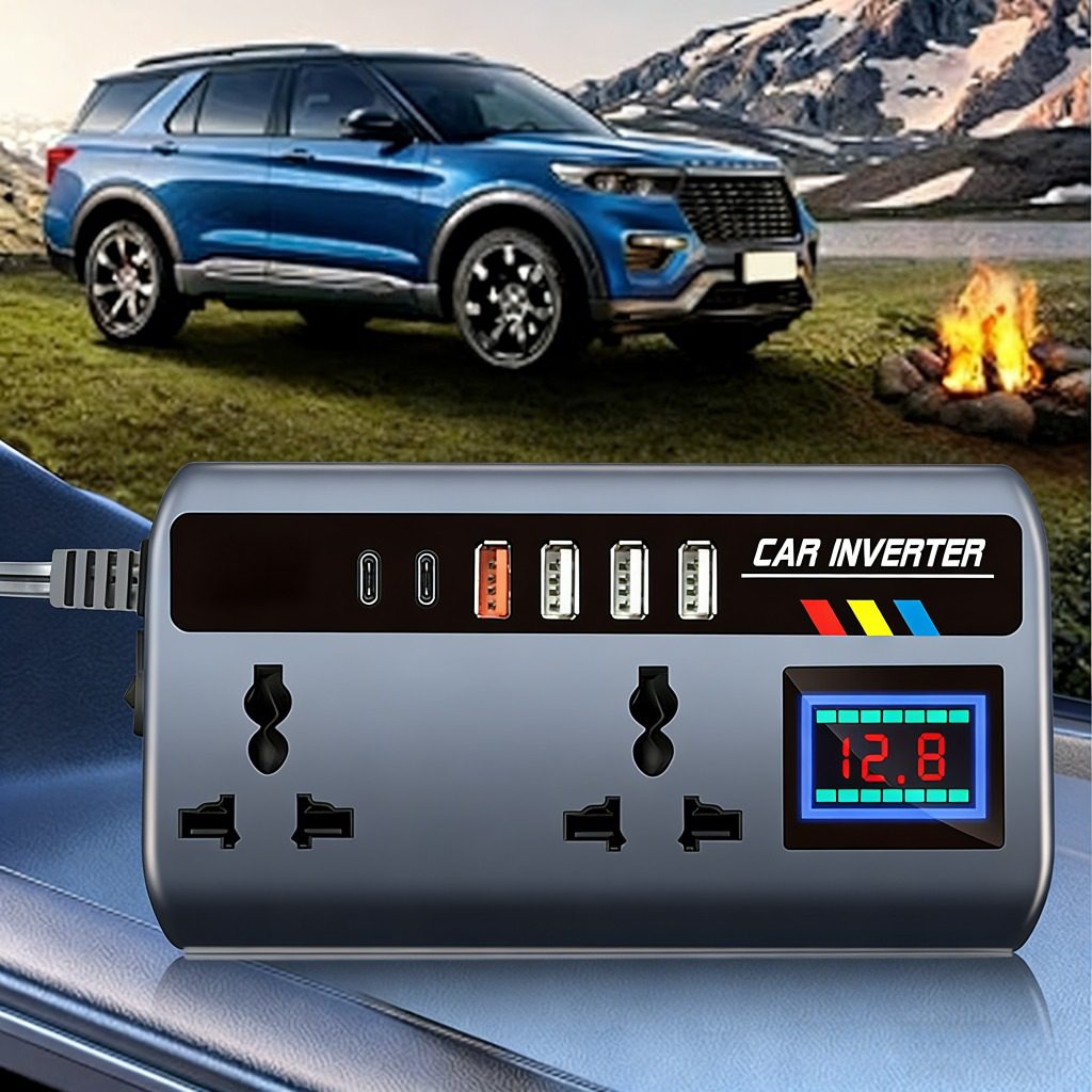 200W Car Inverter, DC12V/24V to AC 110V/220V Car Power Converter, 4 USB+2Type-C, 2 Universal Output Sockets, with Intelligent Display Screen, Essential for Cars, RVs and Trucks - Image 7