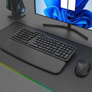 E-YOOSO Wireless Keyboard And Mouse Set with 2.4Ghz, Designed Ergonomically with a Wrist Rest, Features Low Voltage Alerts And Automatic Sleep Mode, Suitable for Home Office Use