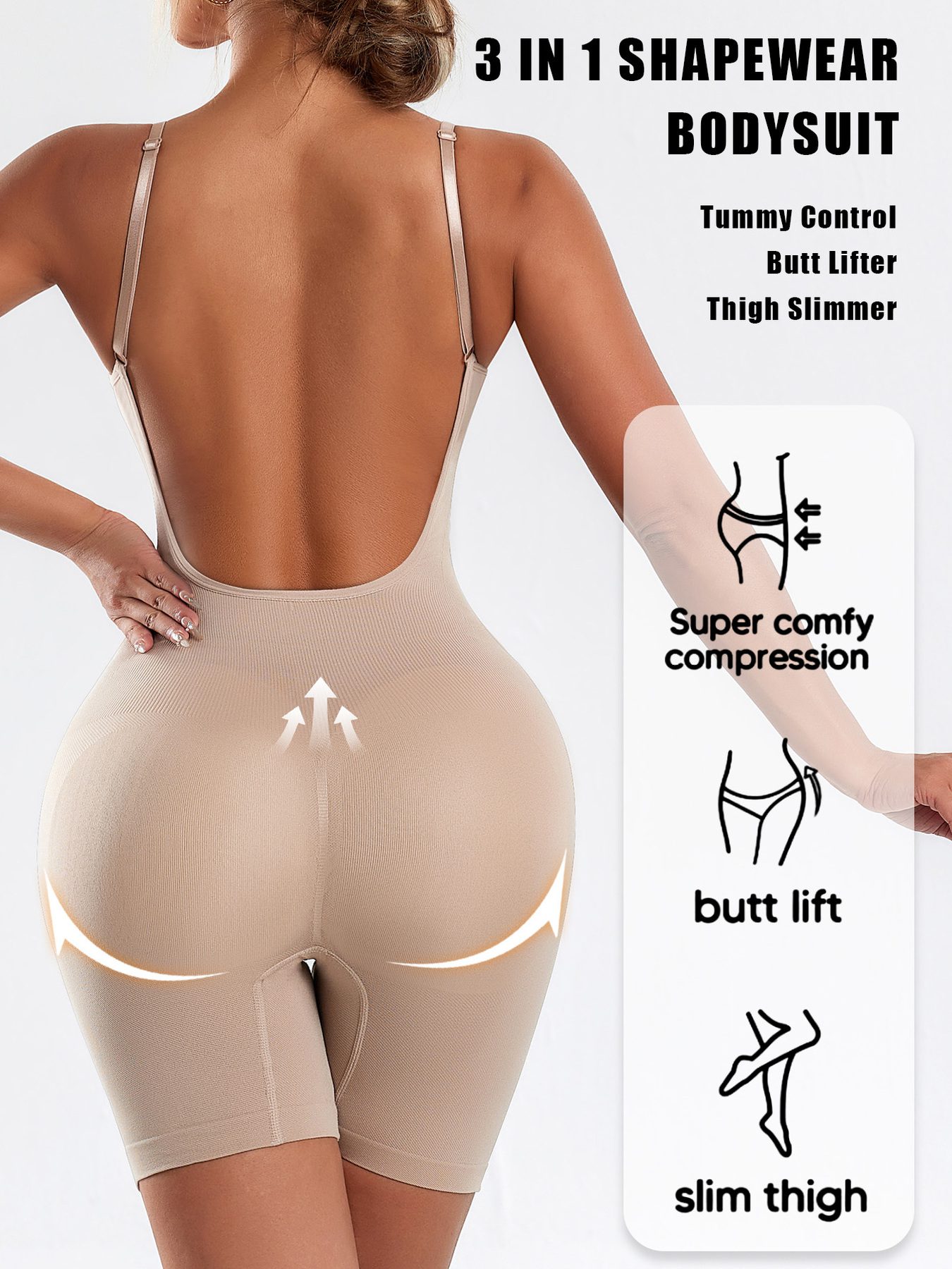1pc CELILIN Women's Full Backless Shaping Bodysuit - Medium Support Tummy Control Butt Lifter, Seamless One-Piece Suit, Breathable Lightweight for Yoga, Gym & Casual Attire, Machine Washable Solid Color (No Chest Padding) - Image 4