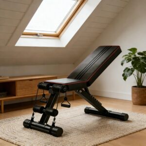 Multi-functional Folding Fitness Bench - Your Home Workout Companion! Features 7-position Backrest Adjustment to Accommodate Flat Bench Presses, Incline Dumbbell Presses, and Abdominal Crunches. Foldable Design Saves Space, with Pull-up Assist