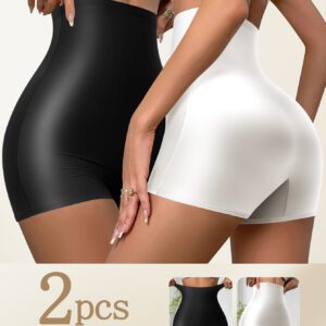 2pcs Ladies High Waisted Fashionable Oiled Fabric Boxer Shorts Comfortable And Breathable Daily Wearable Can Be Worn Outside Sports Boxer Shorts Solid Color Fabric, Smooth Texture, Advanced Sense of Design