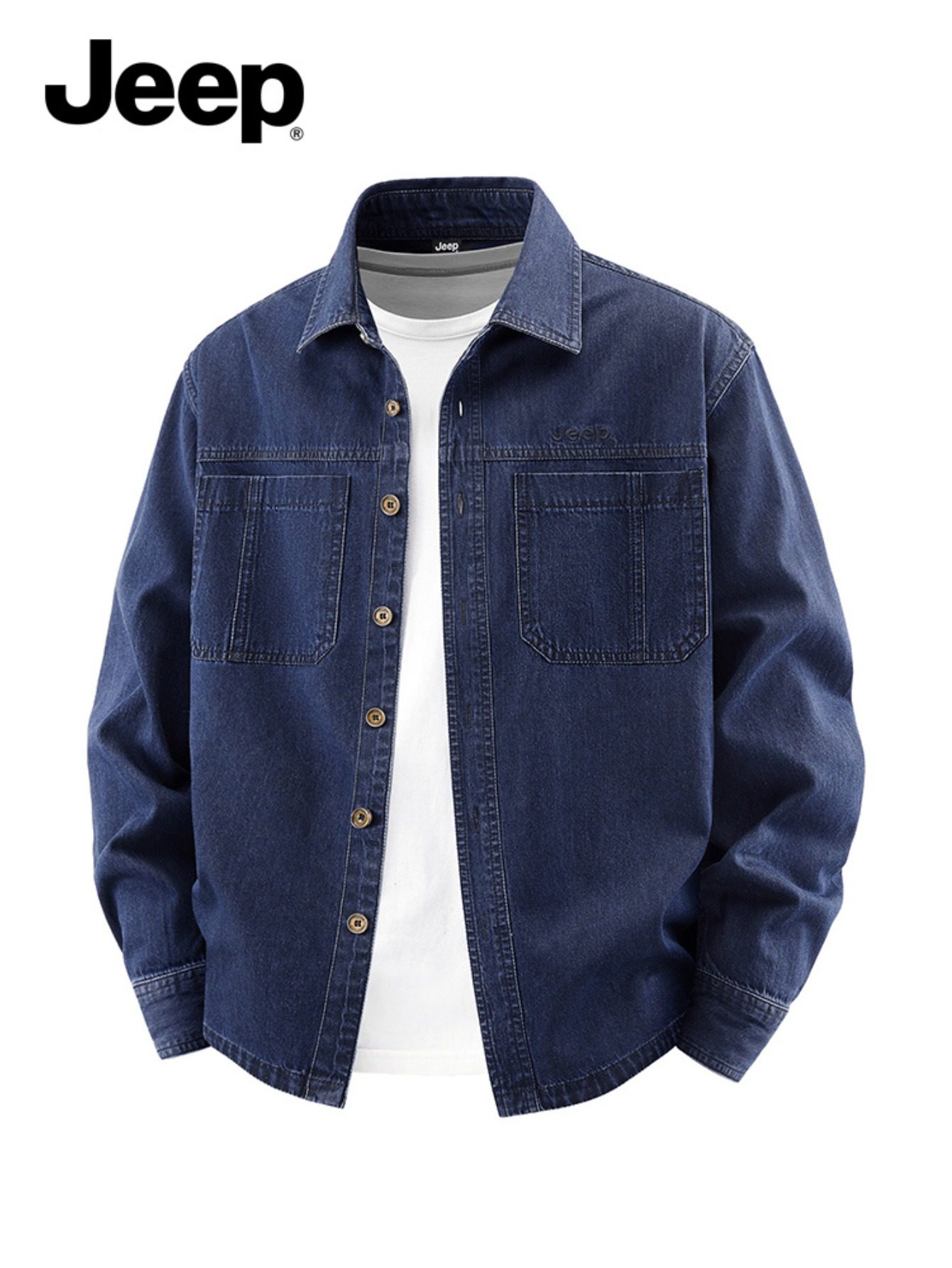 Jeep Cotton Denim Long Sleeve Shirt for Men Embroidered Logo Lapel Button Double Chest Pockets Wrinkle-resistant Stylish Light Business Casual - Image 3