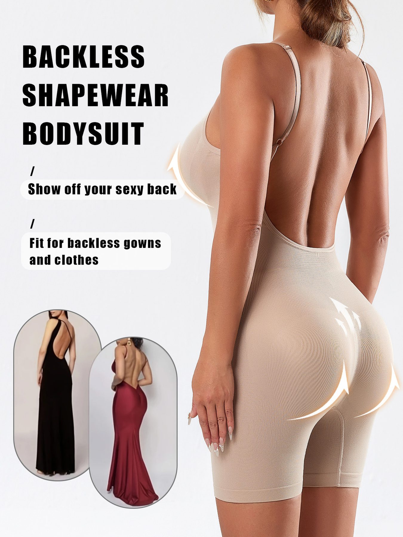 1pc CELILIN Women's Full Backless Shaping Bodysuit - Medium Support Tummy Control Butt Lifter, Seamless One-Piece Suit, Breathable Lightweight for Yoga, Gym & Casual Attire, Machine Washable Solid Color (No Chest Padding)
