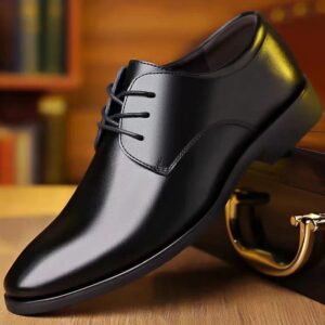 Men's British Formal Shoes, Black Glossy Low-Top Business Shoes, Lace-Up/Slip-On Dual-Use Minimalist Design, PU Upper and Lining for Easy Cleaning and Polishing, Wear-Resistant and Slip-Resistant PU Sole for Stable Walking, Round Toe Wide Fit for
