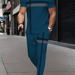 Men's Fashion Vintage Short-Sleeve Crew Neck T-Shirt And Long Pants Set, Featuring 3D Print Design, Elegant Casual Crew Neckline, Slightly Stretchy Knit Fabric, Suitable for Spring And Summer, Indoor And Outdoor Wear.