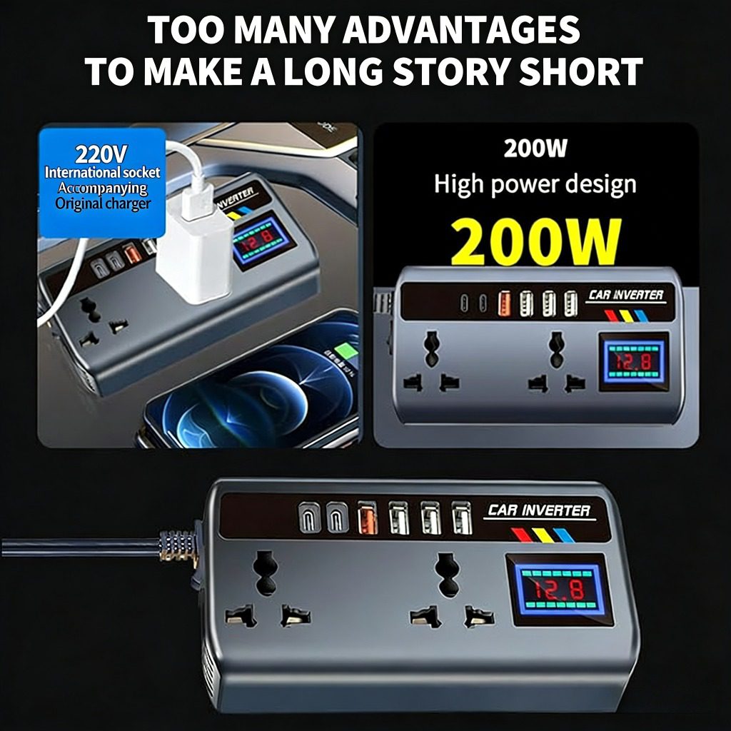 200W Car Inverter, DC12V/24V to AC 110V/220V Car Power Converter, 4 USB+2Type-C, 2 Universal Output Sockets, with Intelligent Display Screen, Essential for Cars, RVs and Trucks - Image 8