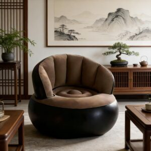 This Pumpkin-shaped Lounge Sofa Is a Refined Fusion of Eastern Aesthetics and Modern Comfort. Its Rounded Spherical Base Is Wrapped in Matte Black Leather, Exuding a Calm and Dignified Presence. The Segmented Backrest and Seat Surface Are Upholstered