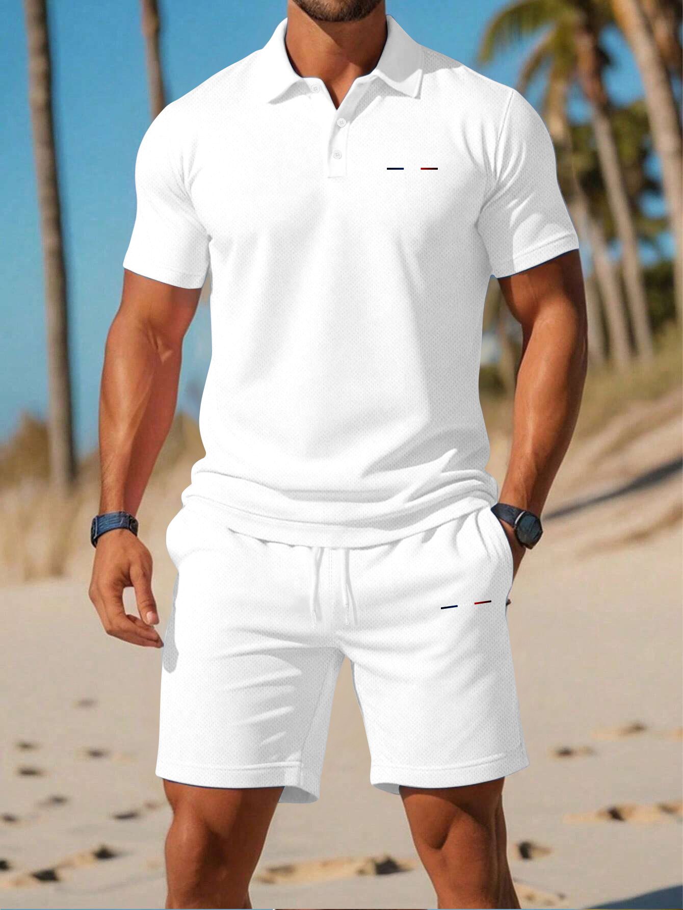 Men'S Summer Polo Shirt Sports Casual Outfit, Featuring a Short-Sleeve Collar Design And Pocketed Belt Shorts, Perfect for Outdoor Leisure And Beach Relaxation