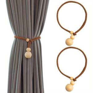 (Pack of 2)Elegant Beige Wooden Balls Curtain Tiebacks Rope Drape Tie Back Holder 4pcs, Natural Curtain Ties Window Treatment Holdbacks