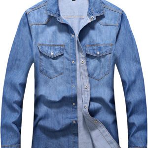 New Spring Long Sleeve Lapel Collar Two-Tone Thread Washed Denim Shirt for Teens, Slim Fit Men's Top - Y