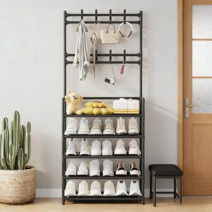 Vertical Shelf Minimalist Metal Standing Rack, Compact Wardrobe Storage System for Small Spaces, Reinforced Shoe, Bag, and Coat Hanging Organizer Standing Shelf, Standing Shelf