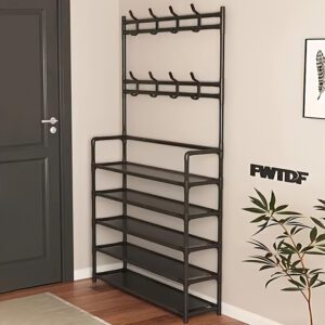 Heavy-Duty 5-Tier Metal Shoe Rack with Hooks | Thickened Double-Layer Storage Design, Stable, Durable And Pressure-Resistant | Multifunctional Storage Rack for Entryway/Corridor/Bedroom/Office, Integrated Storage for Shoes, Hats, Bags And Umbrellas