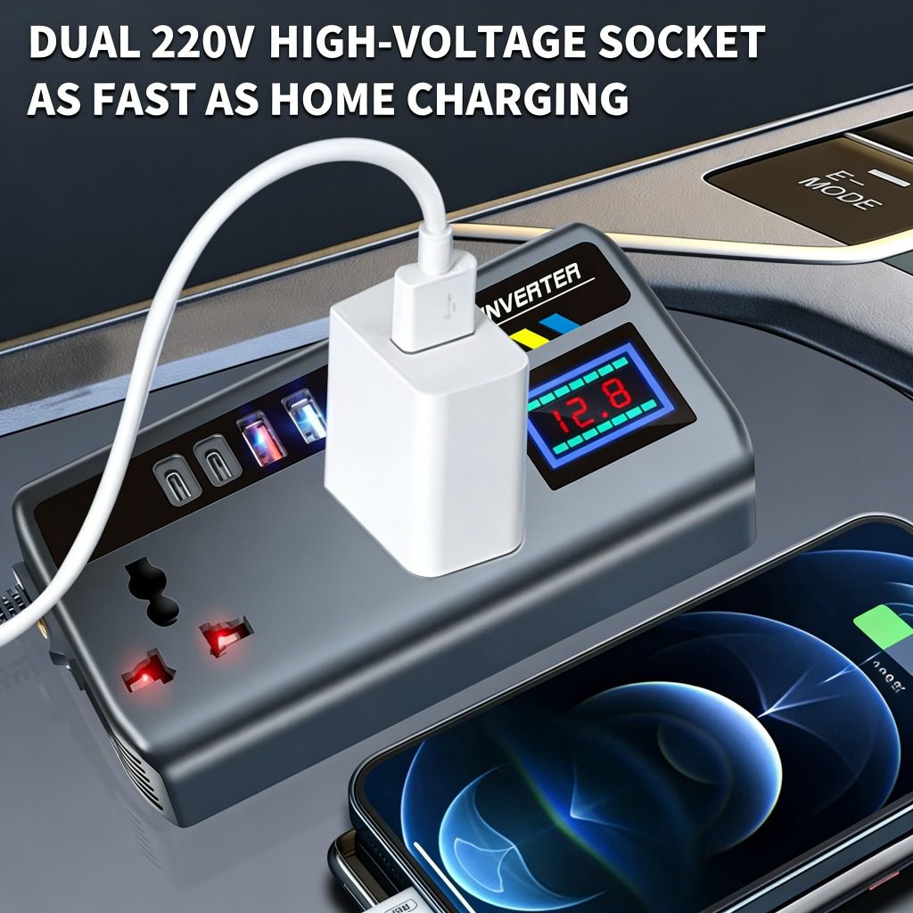 200W Car Inverter, DC12V/24V to AC 110V/220V Car Power Converter, 4 USB+2Type-C, 2 Universal Output Sockets, with Intelligent Display Screen, Essential for Cars, RVs and Trucks - Image 4