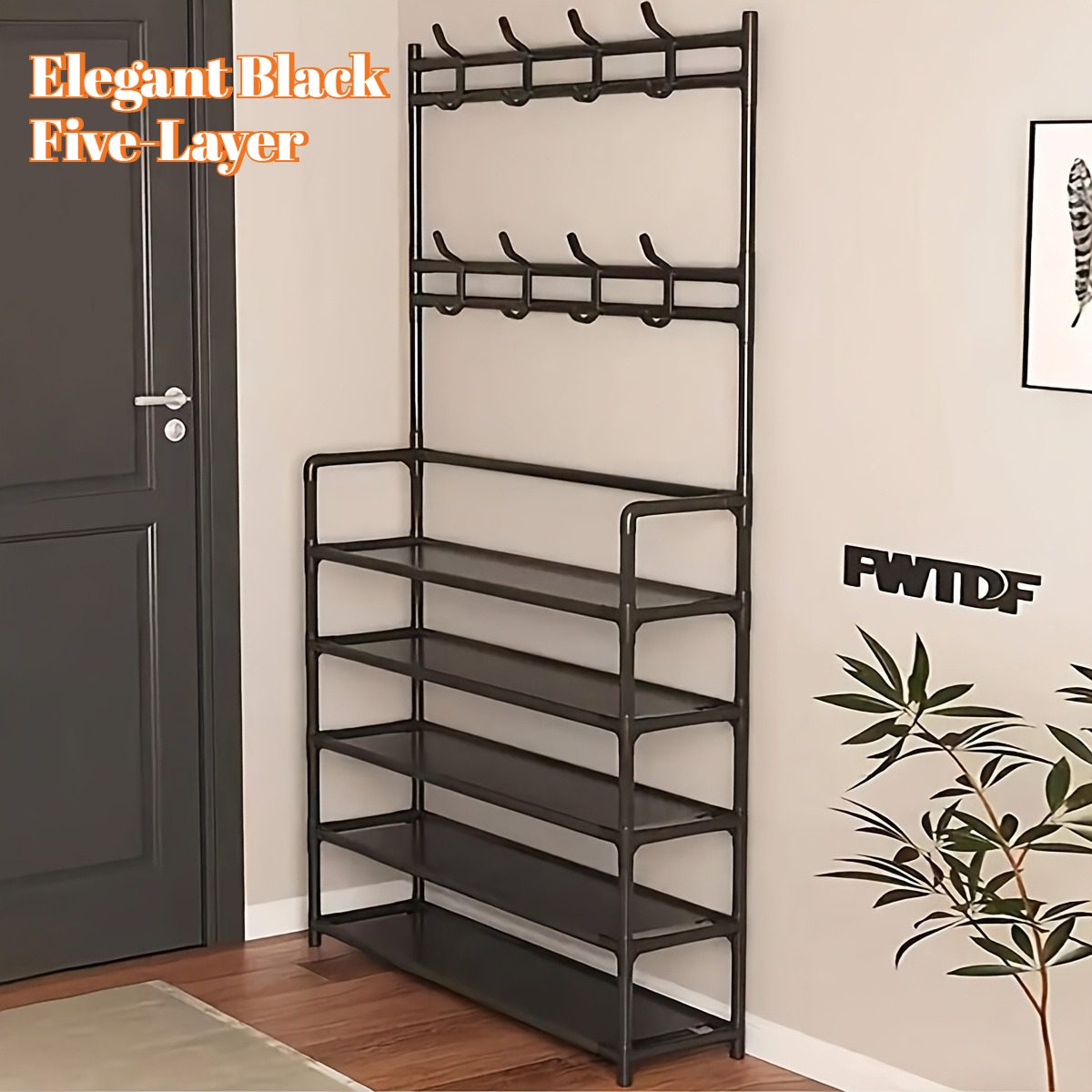 Elegant Black Household Coat Rack with Five-Tier Large-Capacity Integrated Design: Meets the Entire Family's Shoe Storage Needs, Eliminating Entryway Clutter. A Multifunctional Storage Shoe Cabinet and Coat Rack with Multi-tier Shelving - Image 4