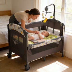 Multifunctional Foldable Baby Crib with Wheels, Movable and Connectable to a Large Bed, Equipped with Storage Bag and Bed Bell, Breathable Mesh Design, Suitable for Both Baby Sleeping and Play, Suitable for Newborns to Toddlers