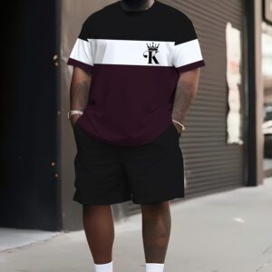 Men's Plus Size Streetwear Casual Black and Purple Plaid Short Sleeve Printed Set, Crew Neck Shorts with Pockets and Drawstring, Suitable for Daily Outdoor Casual Sportswear, Extended Sizes, PLUS SIZE