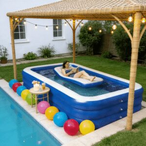 3pcs Set, Including 1 Blue Inflatable Swimming Pool + 1 Pool Mat + 1 Air Pump, Three-Layer Design, 210.01*150.01*68.0 cm Large Capacity, Swimming, Outdoor Backyard Pool, Suitable for Family Gatherings, Summer Parties, Balconies, Travel