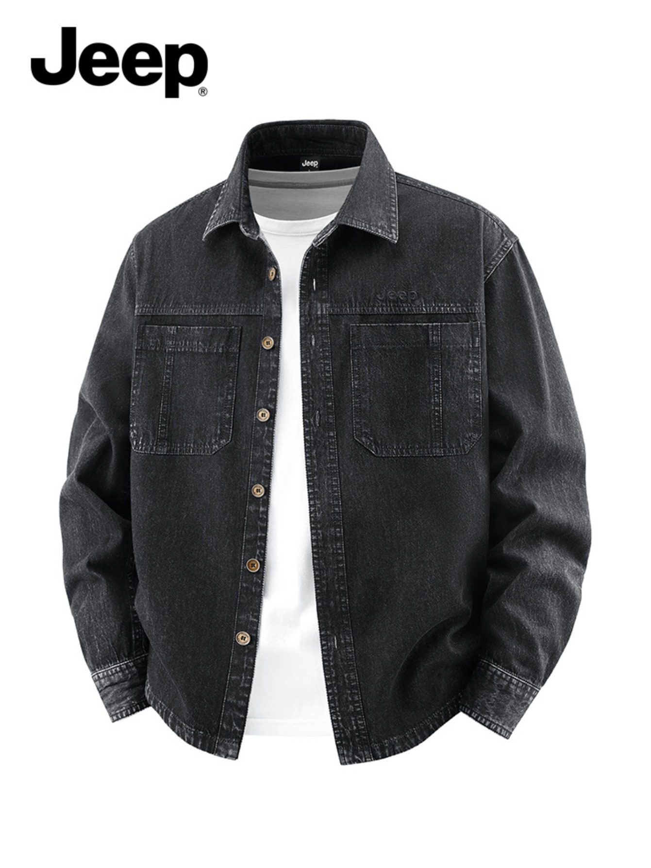 Jeep Cotton Denim Long Sleeve Shirt for Men Embroidered Logo Lapel Button Double Chest Pockets Wrinkle-resistant Stylish Light Business Casual