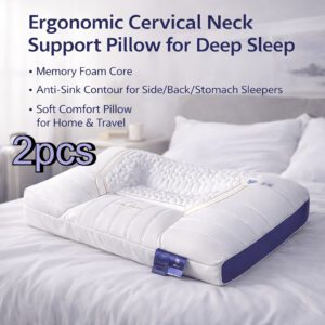 2pcs Deep Sleep Cervical Support Pillows - All-Season Soft Comfortable Bed Pillows, with 900G Non-Collapsible Support Core, Fiber Pillowcase, Fluffy Down Alternative Filling, Suitable for Back/Side Sleepers, Home And Travel