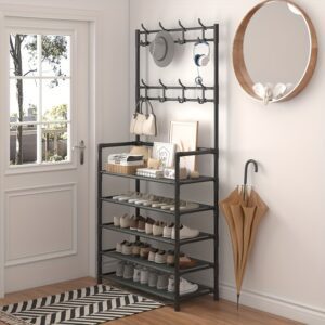 Heavy-Duty 5-in-1 Valet & Suit Stand with 8-Hook Coat Rack, Shoe & Umbrella Holder - Stainless Entryway Storage Organizer Suitable for Hallway, Mudroom, Foyer - Space-Saving Freestanding Furniture, Easy Assembly for /Office/Hotel