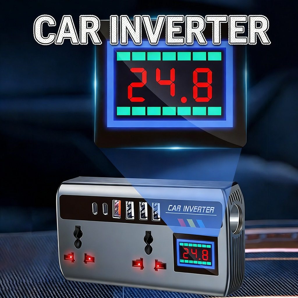 200W Car Inverter, DC12V/24V to AC 110V/220V Car Power Converter, 4 USB+2Type-C, 2 Universal Output Sockets, with Intelligent Display Screen, Essential for Cars, RVs and Trucks - Image 5