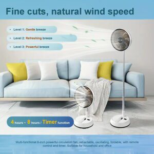Foldable Rechargeable Oscillating Fan 20.32cm 7200Mah Battery Operated Small Fan, Quiet Table Standing Pedestal Fans for Bedroom Office Camping Travel (White Body And Black Front Grille)