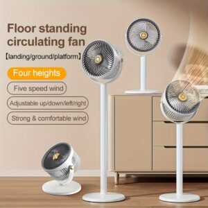 This Is a Versatile Floor Fan with Adjustable Height, Offering Five Different Wind Speeds, a Type-C Charging Port, a Sleek And Sturdy Stand, And Can Be Used on The Floor Or Desktop. It Features a Powerful 4000Mah Battery