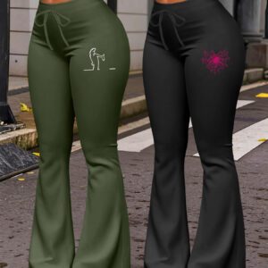 New Autumn Women's Clothing from Europe and America, Featuring Cartoon Line Art Animal and Spider Web Print Patterns, for Daily Casual Wear. Includes Two Pairs of Comfortable, Slim-Fit, Stretchy Fiber Fabric Straight-Leg Tapered Pants with Drawstring