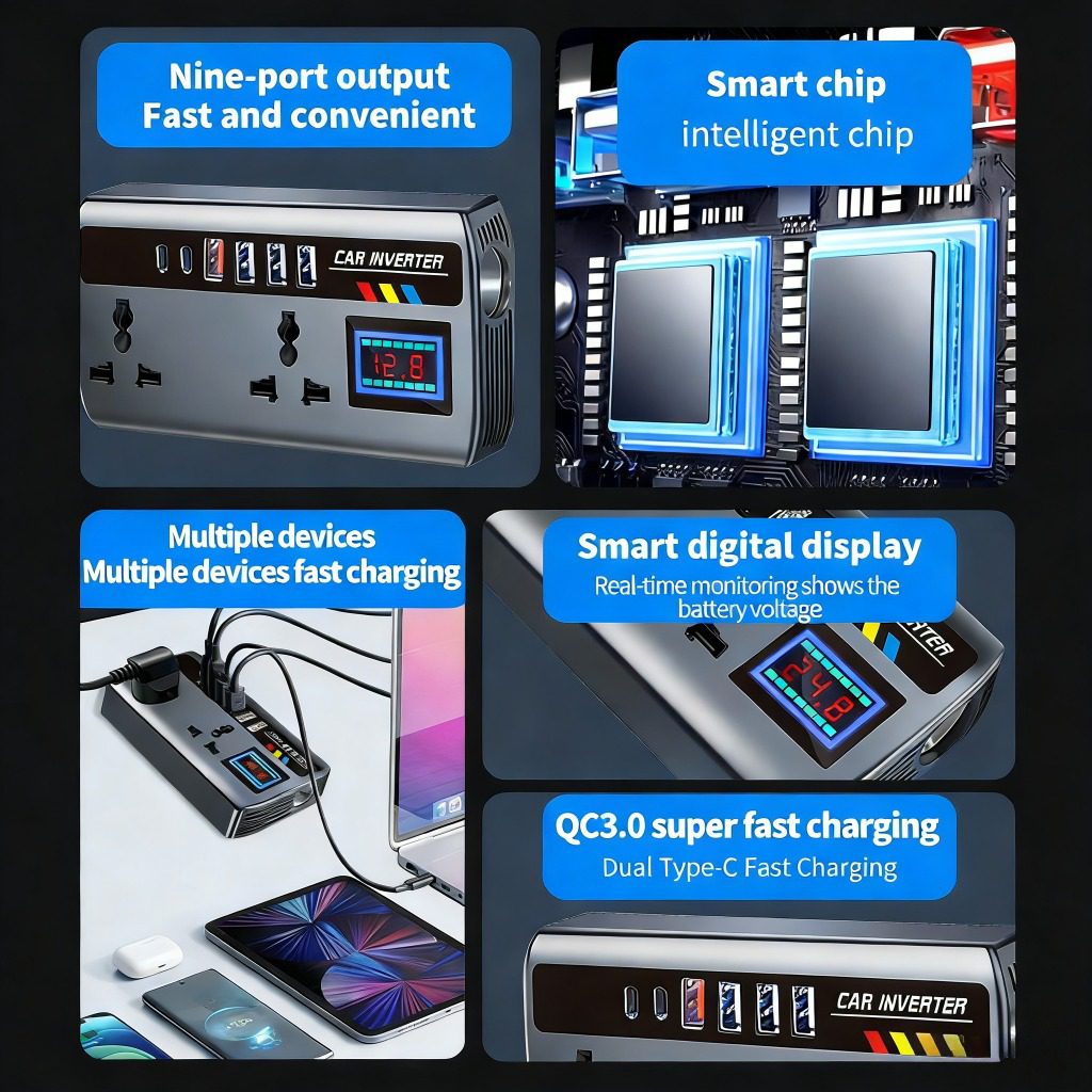 200W Car Inverter, DC12V/24V to AC 110V/220V Car Power Converter, 4 USB+2Type-C, 2 Universal Output Sockets, with Intelligent Display Screen, Essential for Cars, RVs and Trucks - Image 9