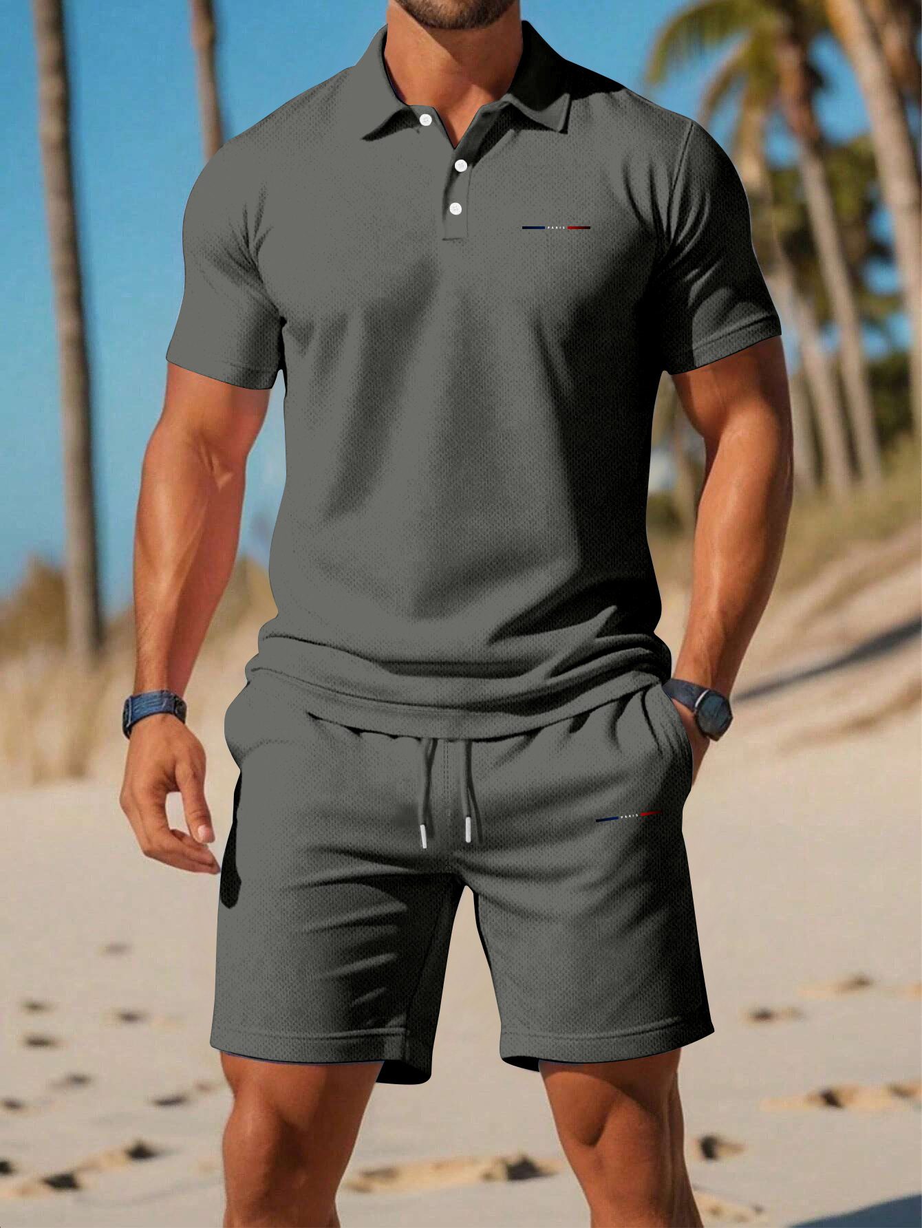 Men'S Summer Polo Shirt Sports Casual Outfit, Featuring a Short-Sleeve Collar Design And Pocketed Belt Shorts, Perfect for Outdoor Leisure And Beach Relaxation - Image 2