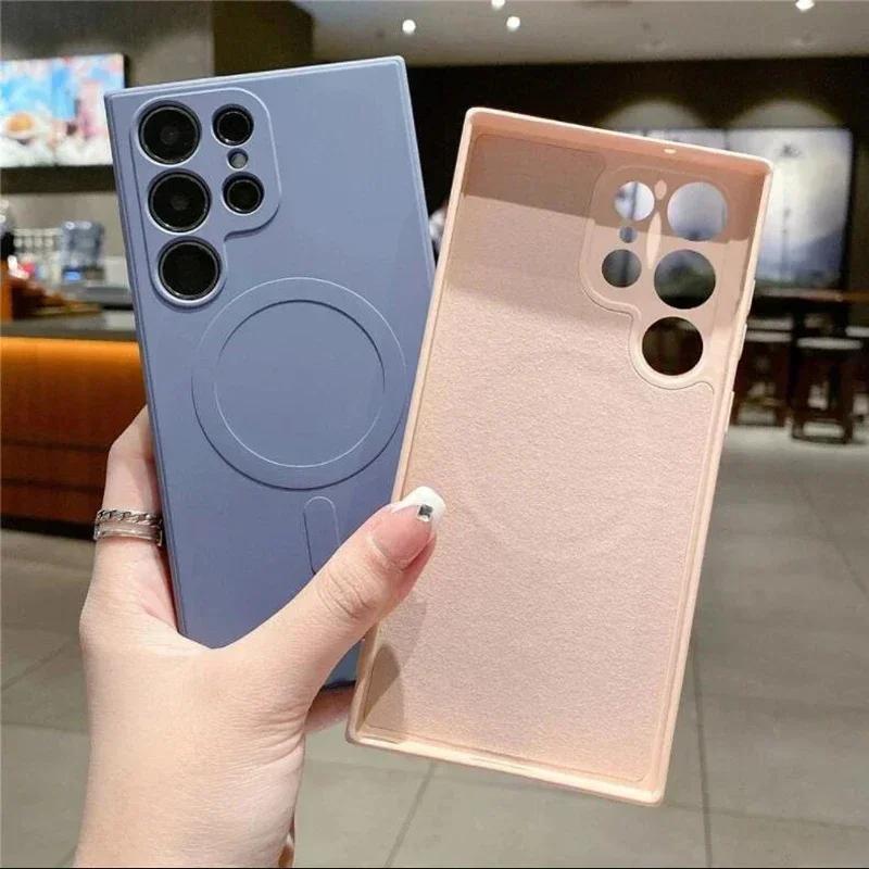 Phone Case - Liquid Silicone Magnetic Phone Case for Samsung Galaxy S25 S24 S23 S22 Ultra Plus A56 A55 A36 A16 A15 A35 Soft Matte Shockproof Shell Wireless Charging Protective Cover with Short Rope Wristband - Image 4