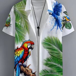 Men'S Hawaiian Shirt - Tropical Palm Tree & Parrot Print Button-Up Collar Short Sleeve Shirt, Loose Fit Beach Vacation Shirt for Surfing, Pool, Casual Outings - Lightweight Summer Clothing, Beach Clothes, Poolside Attire, Breathable Fabric